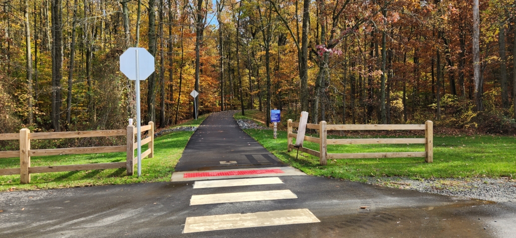 cross walk leads to the newly paved section of the Arney's Mount Trail