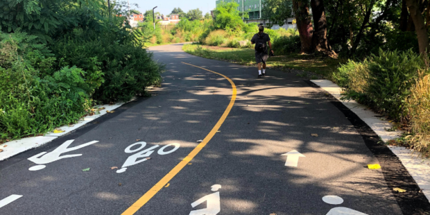 one person walking on a paved trail that has a yellow line splitting the middle of the trail with pedestrian and cyclist icons on the trail ground