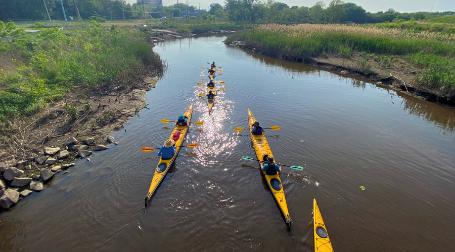 people in five yellow tandem kayaks paddling down the river