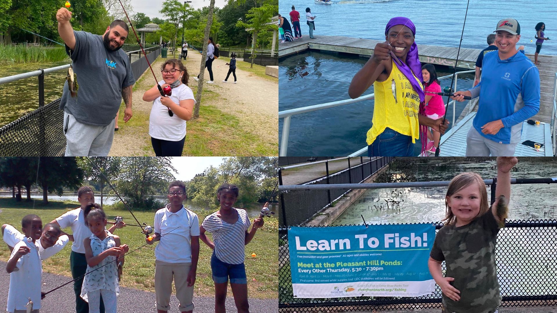 Four photos in a collage showing children and adults smiling while fishing.