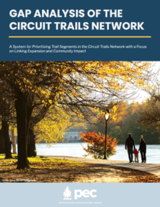 cover image for the PEC Gap Analysis Report with people walking on a trail in the fall