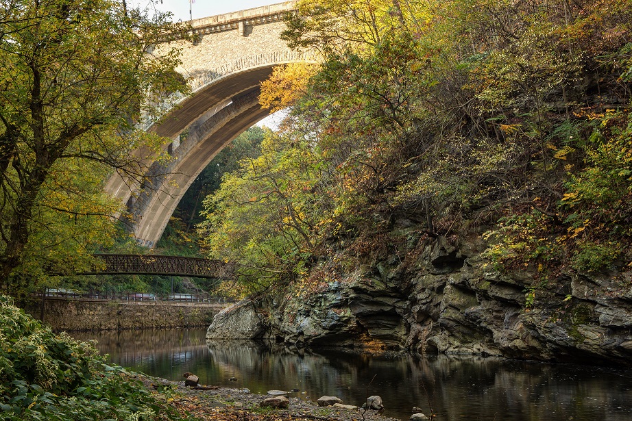 Wissahickon Creek and Henry Avenue Bridge as you ride the Wissahickon Bike Trail