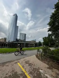 cyclist riding on the Schuykill River Trail near Center City Philadelphia