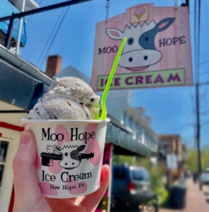 Scoop of ice cream in a pink and white cup that reads Moo Hope Ice Cream
